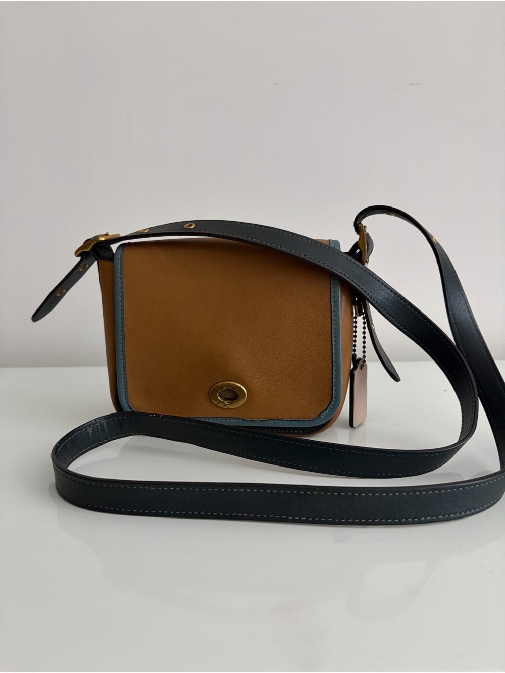 Coach Tan Leather Crossbody with Blue Trim